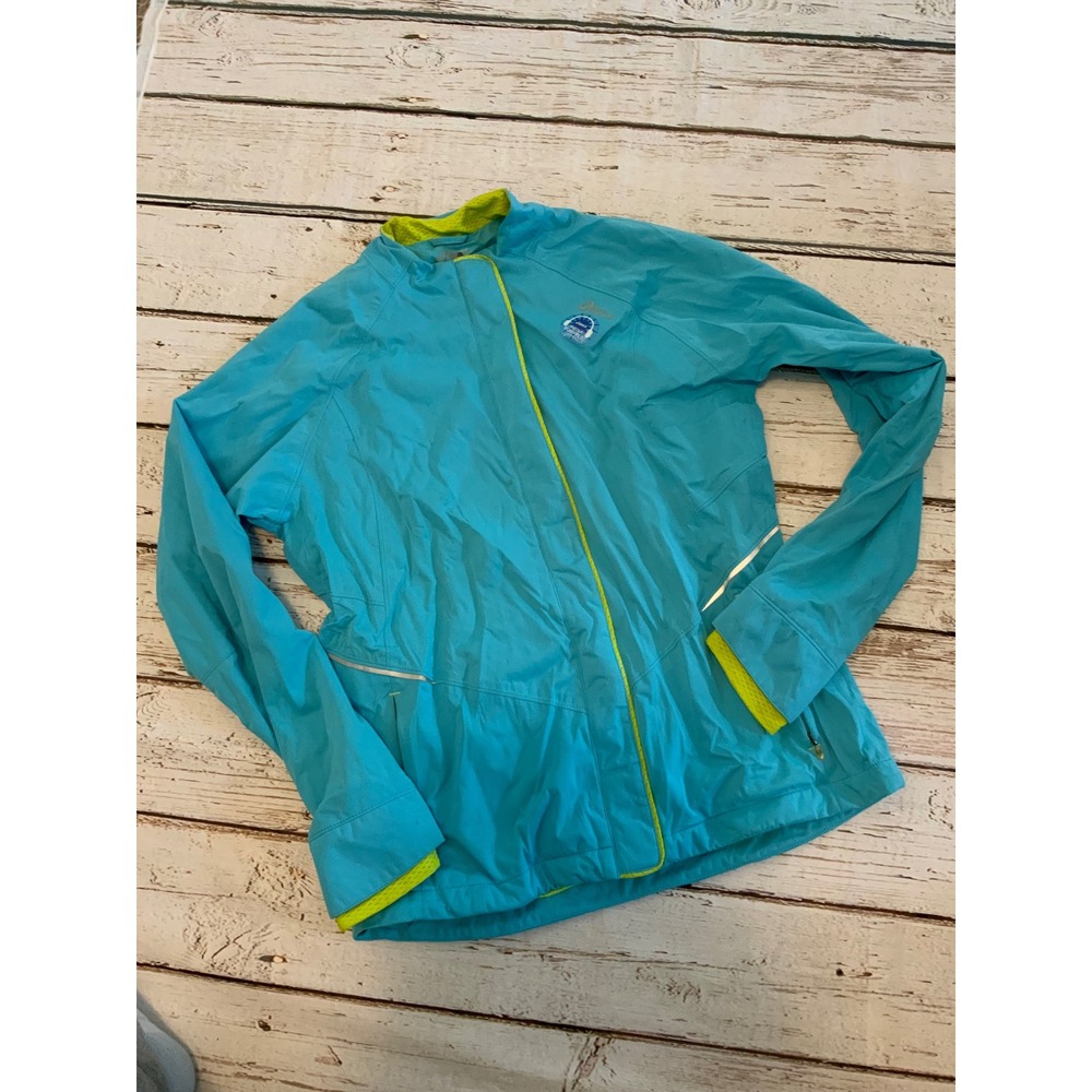 Asics Media Equipped Running Jacket Womens Medium Blue Neon Lime Windbreaker Zip